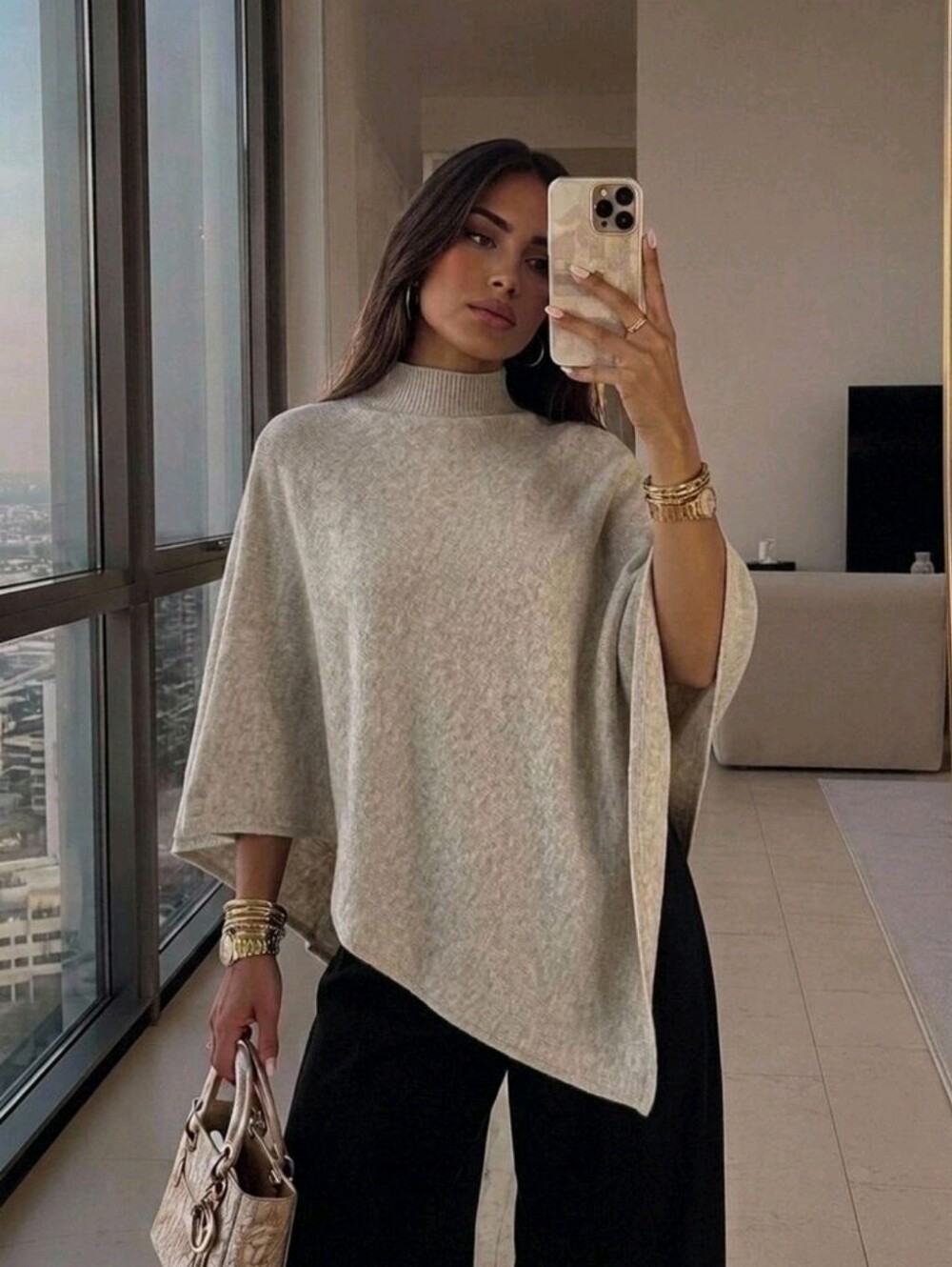 Women's Autumn/Winter New Shawl Cape Sweater, Khaki Color, Loose Fit - Picture 2 of 8